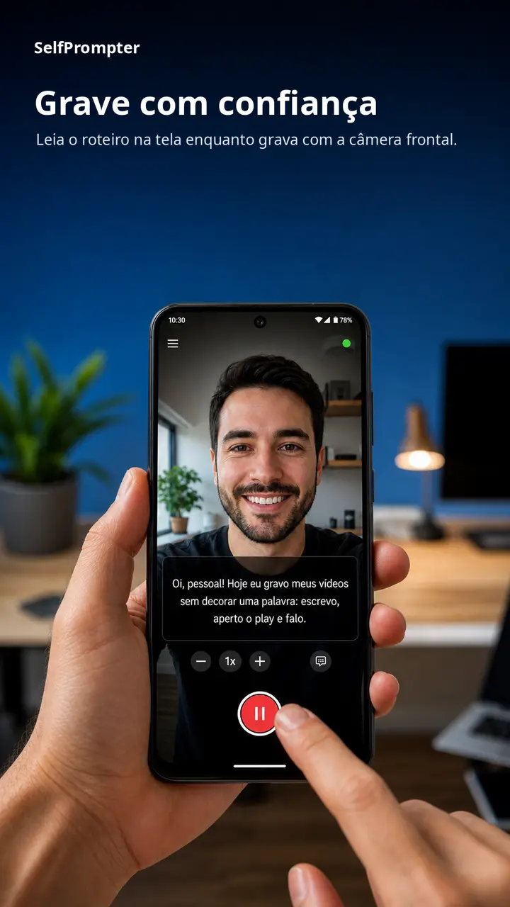 Tela do SelfPrompter durante uma gravação com o roteiro visível