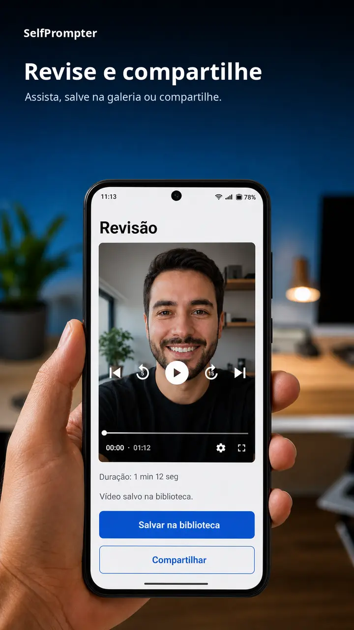 Tela de revisão e compartilhamento de vídeo do SelfPrompter