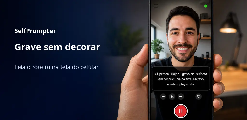 Pessoa gravando um vídeo com o roteiro do SelfPrompter próximo à câmera