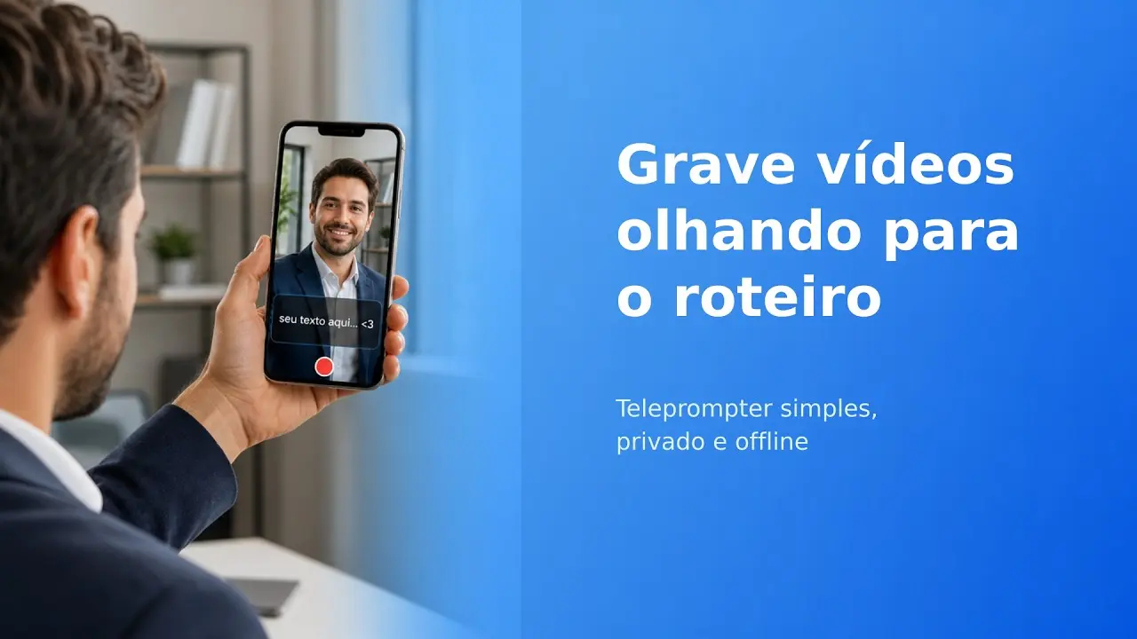 Prévia do vídeo do SelfPrompter com uma pessoa gravando enquanto olha para o roteiro